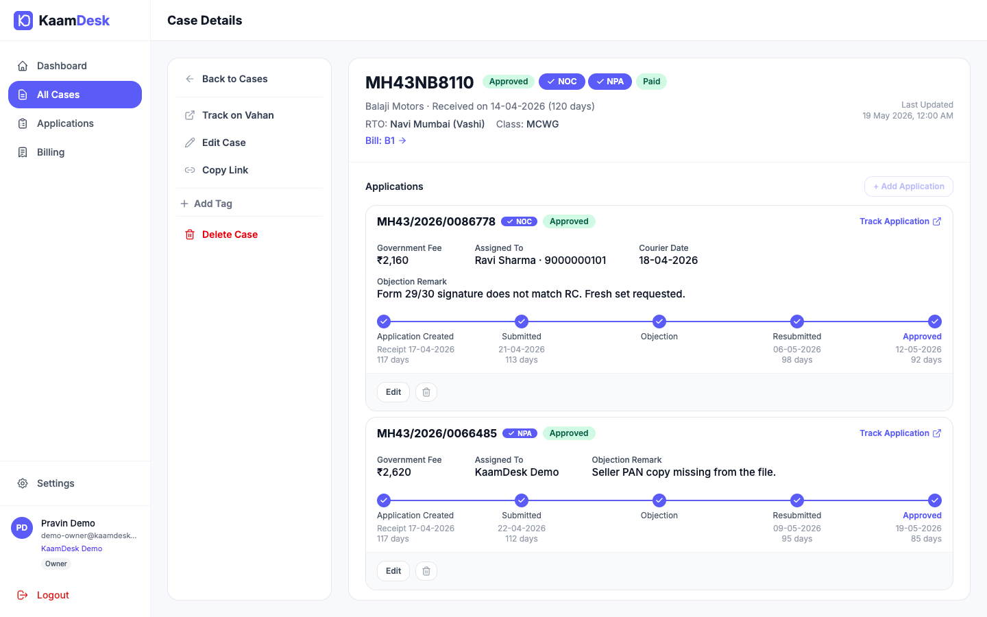 Case details for vehicle MH43NB8110, approved and paid. Each application shows its full timeline — application created, submitted, objection, resubmitted, approved — with the date and the number of days elapsed at every step.