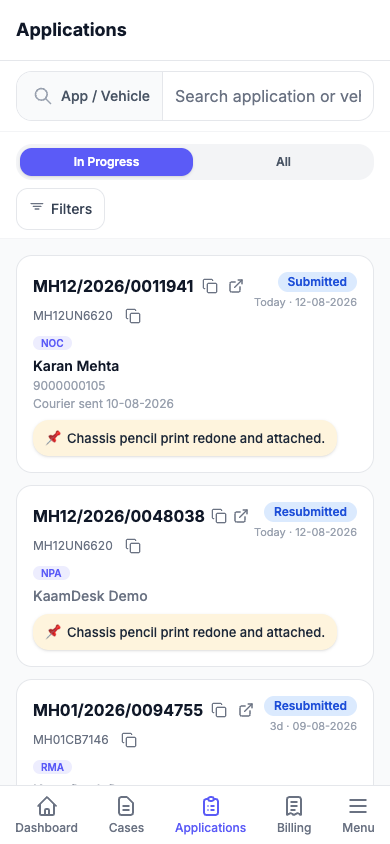 KaamDesk mobile Assignments screen — applications alongside the team member or external agent handling each one.
