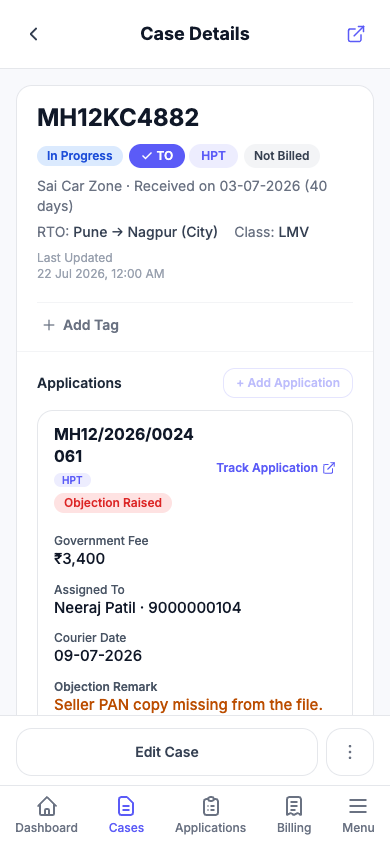 KaamDesk mobile Case Details screen — one case with its applications, government fee, assigned agent and objection remark.