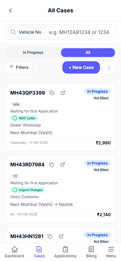 KaamDesk mobile Cases screen — a list of vehicle cases with their status, where the work came from and whether they have been billed.